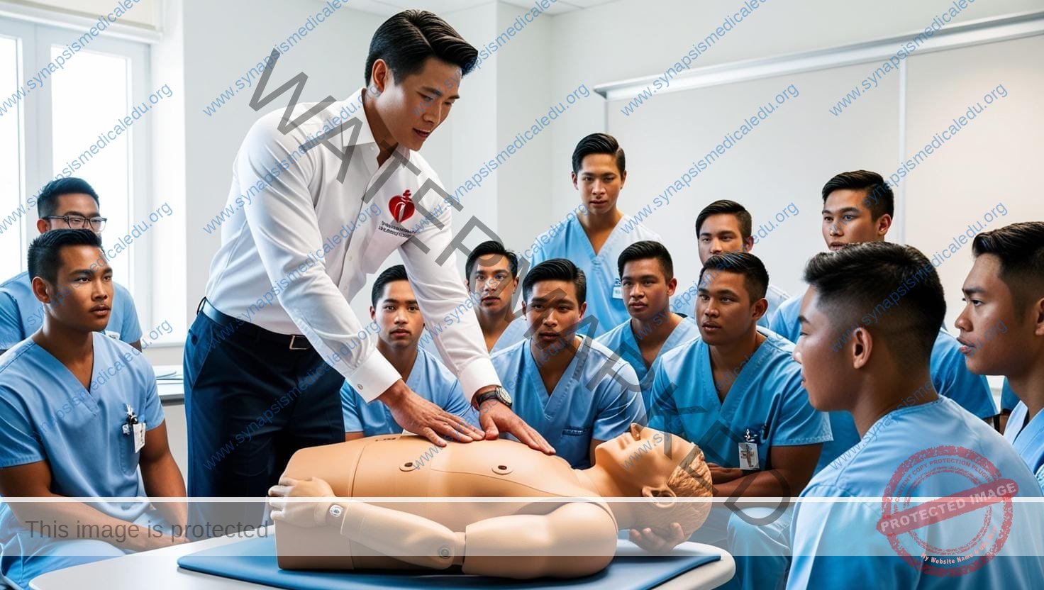 American Heart Association's instructor teaches chest compression to a group of nursing students