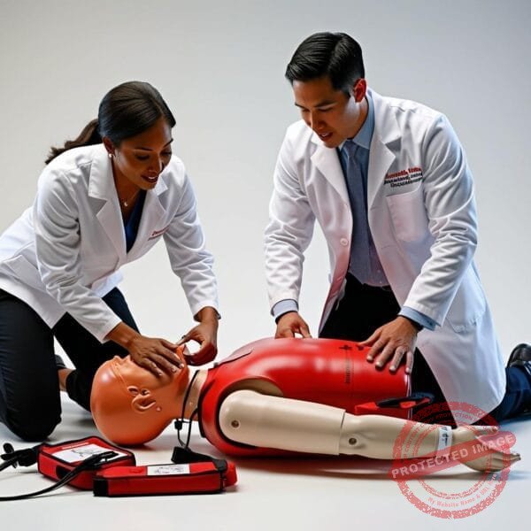 American Heart Association's instructor using defibrillation equipment (1) TWO instructors treating a patient