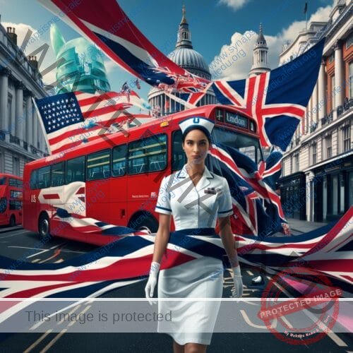 Advanced English program nurse in london street with british flag