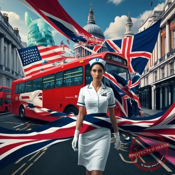 Advanced English program nurse in london street with british flag