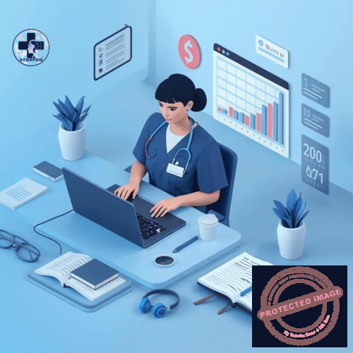 Global online program nurse writing on computer with the SYNAPSIS global online program