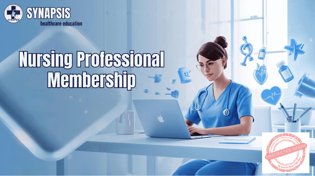 Nurse working on computer with Synapsis Nursing Professional membership