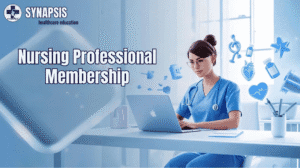 Nurse working on computer with Synapsis Nursing Professional membership