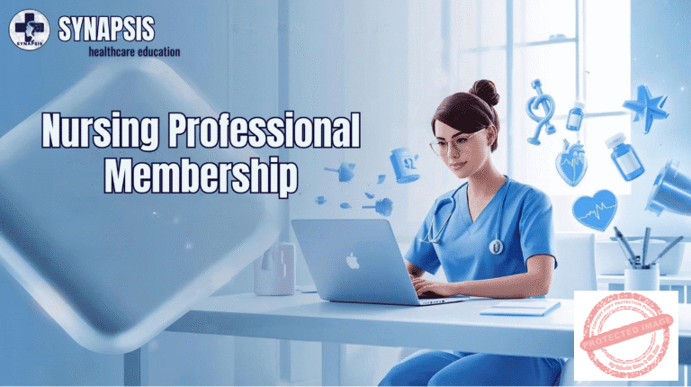 Nurse working on computer with Synapsis Nursing Professional membership
